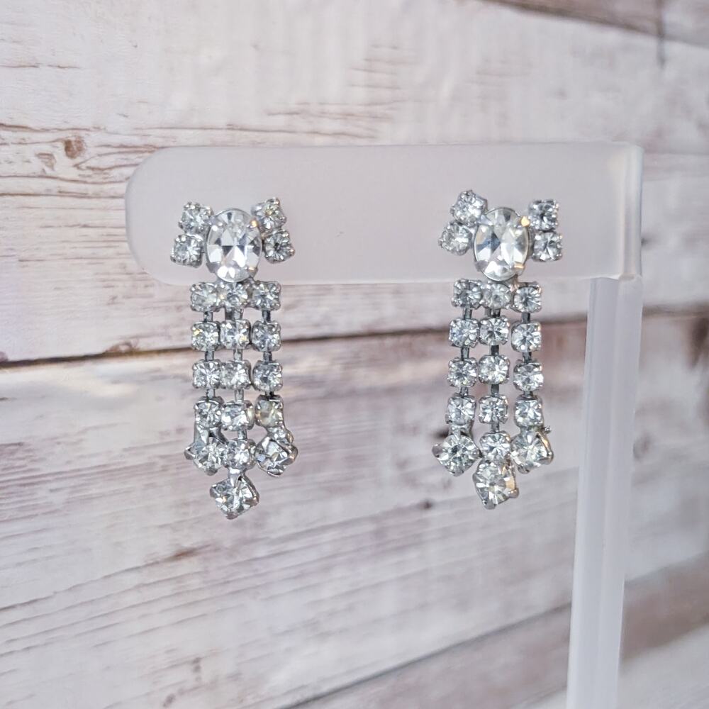 Vintage Screw Back Earrings Statement Clear Gem Long Dangle